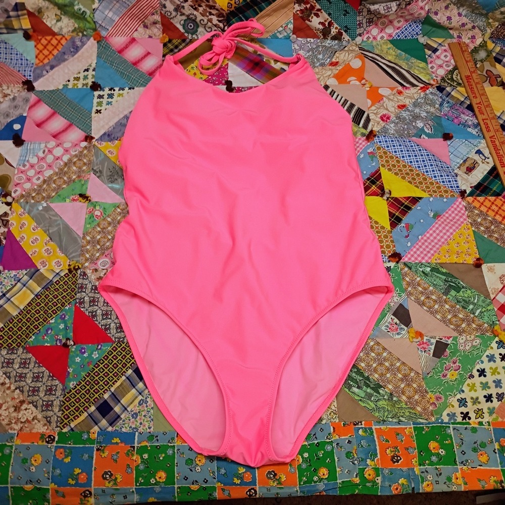 Athleta One Piece Swimsuit Womens Medium Neon Pink Tie Strap Bathing Suit